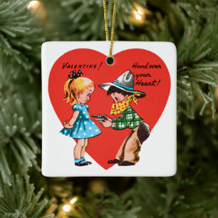 Retro Valentijnsdag, Meisje met Cowboy Keramisch Ornament