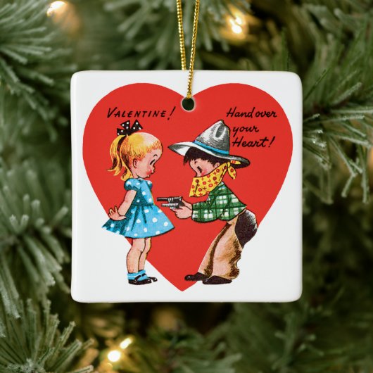  Retro Valentijnsdag, Meisje met Cowboy Keramisch Ornament (Boom)