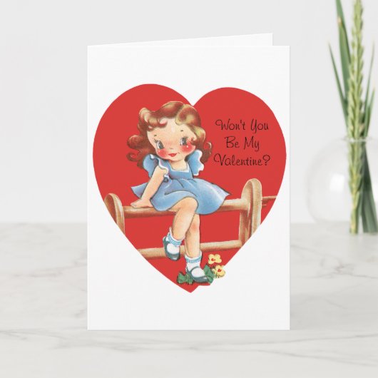 Retro Valentijnsdag, Meisje op een hek Feestdagen Kaart (Voorkant)