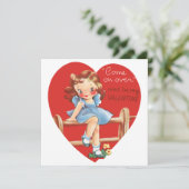 Retro Valentijnsdag, Meisje op een hek Feestdagenkaart (Staand voorkant)