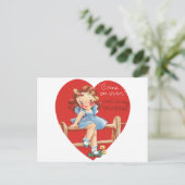 Retro Valentijnsdag, Meisje op een hek Feestdagenkaart (Staand voorkant)