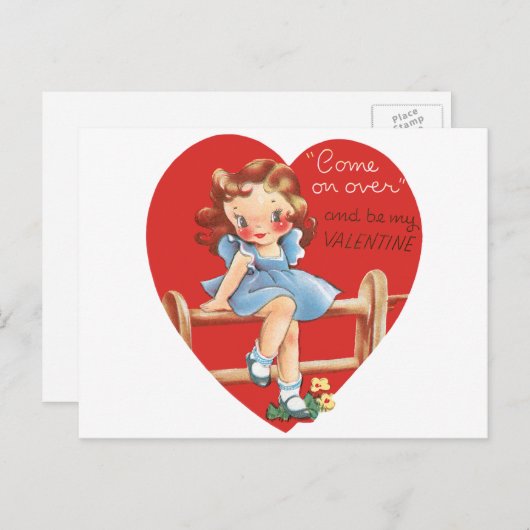 Retro Valentijnsdag, Meisje op een hek Feestdagenkaart (Voorkant / Achterkant)