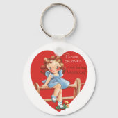 Retro Valentijnsdag, Meisje op een hek Sleutelhanger (Voorkant)