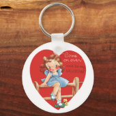 Retro Valentijnsdag, Meisje op een hek Sleutelhanger (Voorkant)