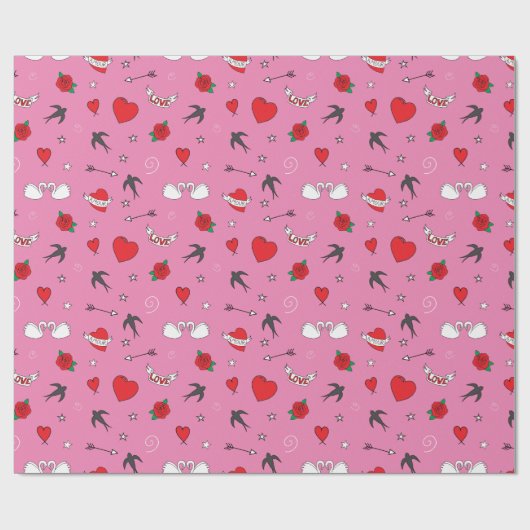 Retro Valentijnsdag Patroon op Roze Cadeaupapier (Vlak)