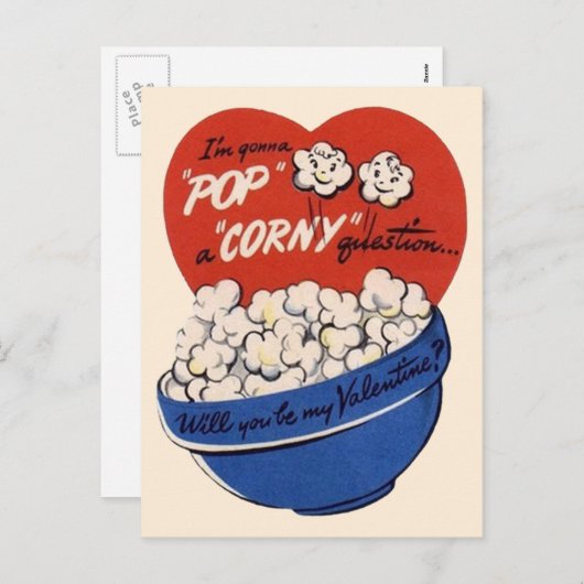 Retro Valentijnsdag, Popcorn Pop a Corny Vraag Feestdagenkaart (Voorkant / Achterkant)