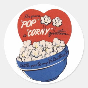 Retro Valentijnsdag, Popcorn Pop a Corny Vraag Ronde Sticker