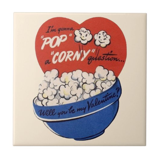 Retro Valentijnsdag, Popcorn Pop a Corny Vraag Tegeltje (Voorkant)