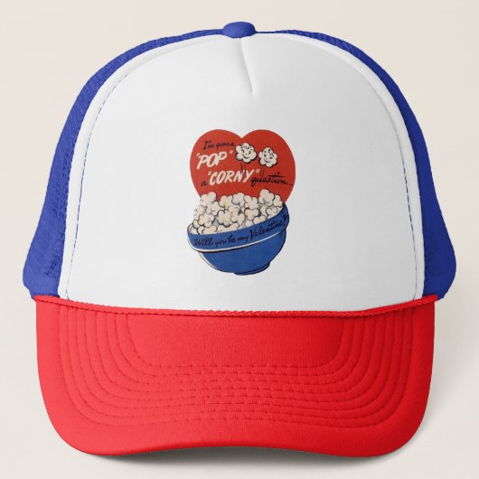 Retro Valentijnsdag, Popcorn Pop a Corny Vraag Trucker Pet (Voorkant)