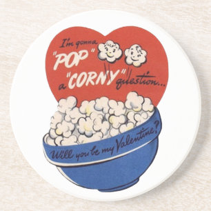 Retro Valentijnsdag, Popcorn Pop a Corny Vraag Zandsteen Onderzetter