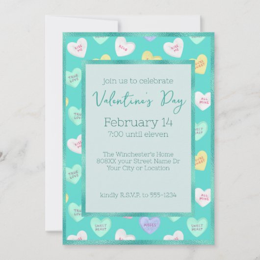 Retro Valentijnsdag Snoep Harten op Blauwgroen Kaart (Voorkant)