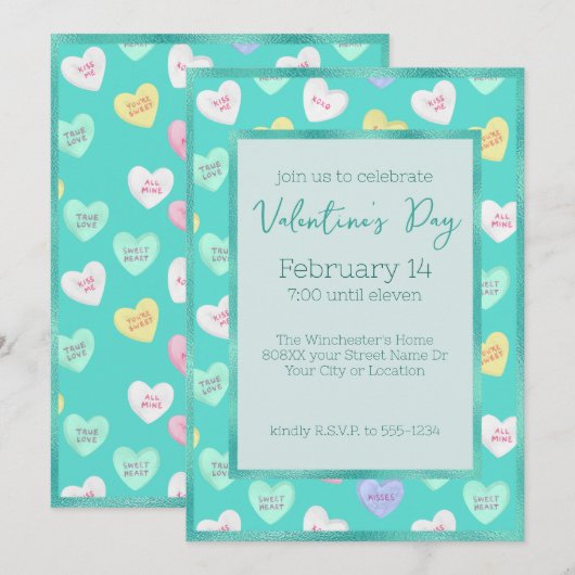 Retro Valentijnsdag Snoep Harten op Blauwgroen Kaart (Voorkant / Achterkant)