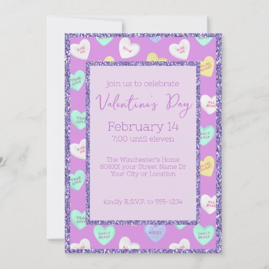 Retro Valentijnsdag Snoep Harten op Paarse Kaart (Voorkant)