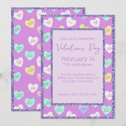 Retro Valentijnsdag Snoep Harten op Paarse Kaart (Voorkant / Achterkant)