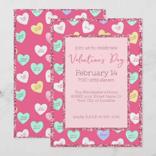 Retro Valentijnsdag Snoep Harten op Roze Kaart (Voorkant / Achterkant)