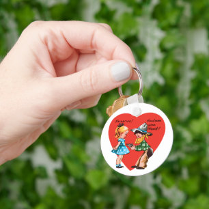 Retro Valentijnsdag, Vintage Cowboy met Meisje Sleutelhanger
