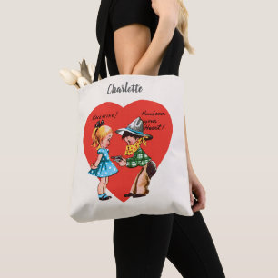 Retro Valentijnsdag, Vintage Cowboy met Meisje Tote Bag