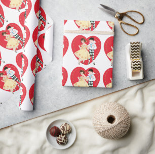 Retro Valentijnsdag, Vintage Harlekijn en Hart Cadeaupapier