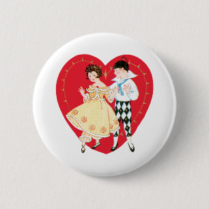 Retro Valentijnsdag, Vintage Harlekijn en Hart Ronde Button 5,7 Cm