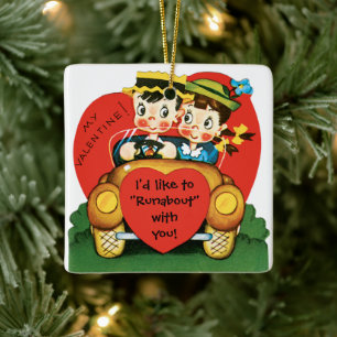 Retro Valentijnsdag, Vintage Jongen en Meisje in A Keramisch Ornament