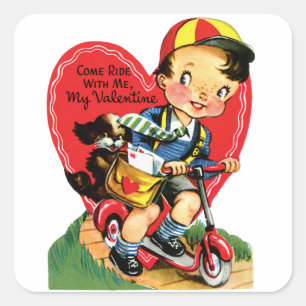 Retro Valentijnsdag, Vintage Jongen op een Step Vierkante Sticker