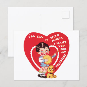 Retro Valentijnsdag, Vintage jongensmuziek Banjo Briefkaart