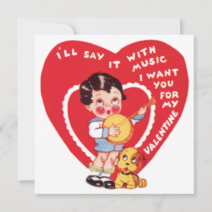 Retro Valentijnsdag, Vintage jongensmuziek Banjo Feestdagenkaart