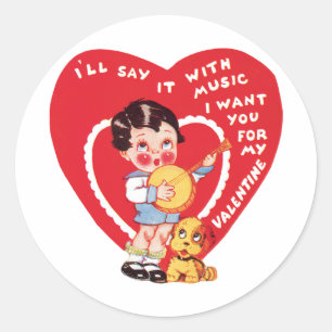 Retro Valentijnsdag, Vintage jongensmuziek Banjo Ronde Sticker