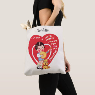 Retro Valentijnsdag, Vintage jongensmuziek Banjo Tote Bag