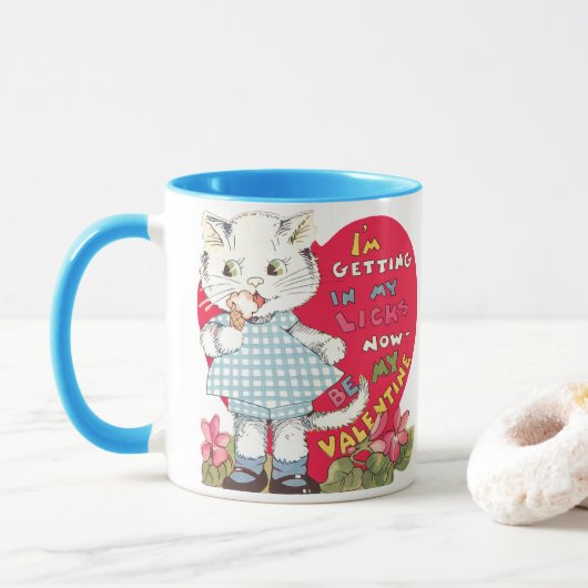 Retro Valentijnsdag Vintage Kat eet ijs Mok (Met donut)
