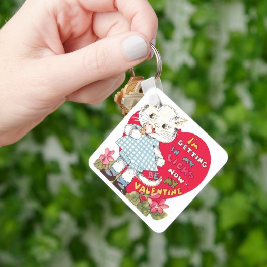 Retro Valentijnsdag Vintage Kat eet Ijs Sleutelhanger (Hand)