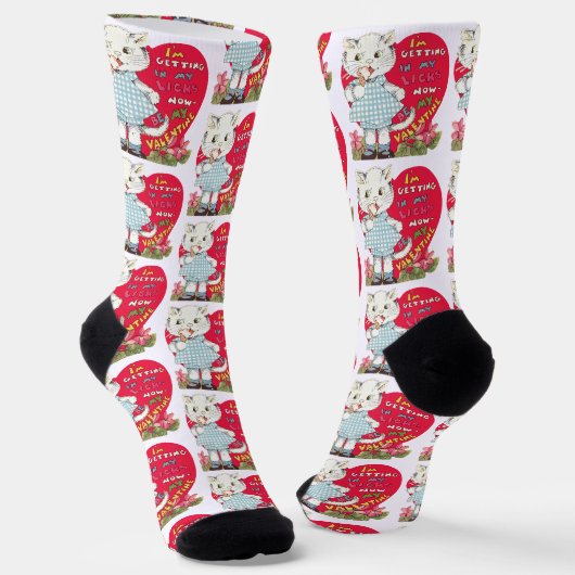 Retro Valentijnsdag Vintage Kat eet ijs Sokken (Gebogen)