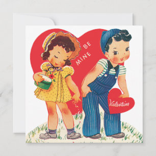 Retro Valentijnsdag, Vintage Meisje en Jongen Hart Feestdagenkaart
