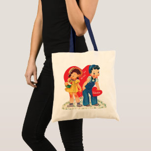 Retro Valentijnsdag, Vintage Meisje en Jongen Hart Tote Bag