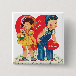 Retro Valentijnsdag, Vintage Meisje en Jongen Hart Vierkante Button 5,1 Cm