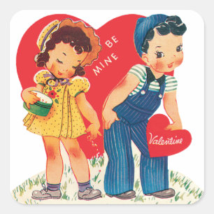 Retro Valentijnsdag, Vintage Meisje en Jongen Hart Vierkante Sticker