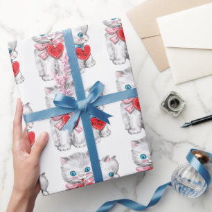 Retro Valentijnsdagkatten, Vintage Fluffy Kittens Cadeaupapier