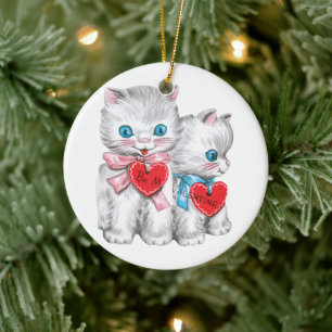 Retro Valentijnsdagkatten, Vintage Fluffy Kittens Keramisch Ornament