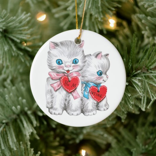 Retro Valentijnsdagkatten, Vintage Fluffy Kittens Keramisch Ornament (Boom)