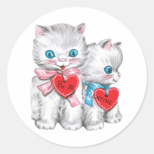 Retro Valentijnsdagkatten, Vintage Fluffy Kittens Ronde Sticker