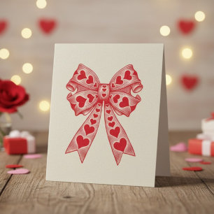 Retro Valentijnshart Coquette Strik in Rood Roze Feestdagenkaart