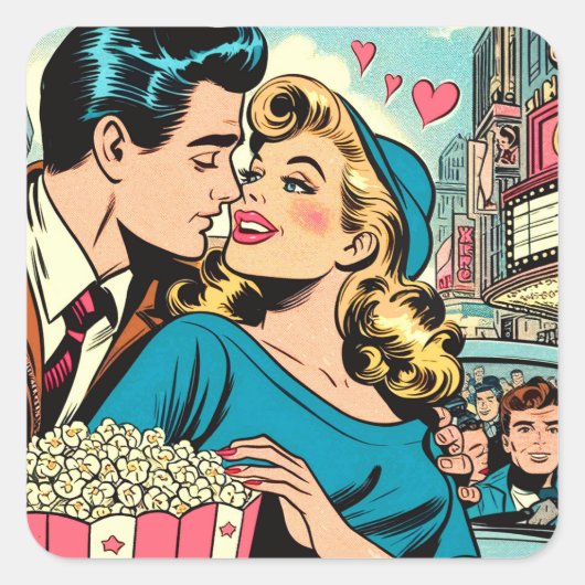 Retro Valentijns's Love Couple Comics Vierkante Sticker (Voorkant)