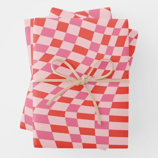 Retro Valentine Pink Red Wavy Checkerboard Cute Inpakpapier Vel (In situ)