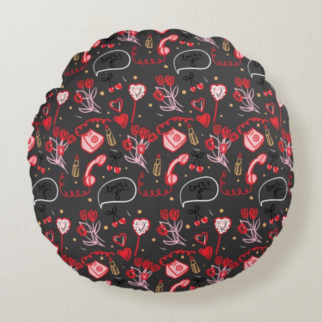 Retro Valentine's Day Love Doodles Rond Kussen (Voorkant)