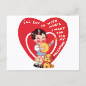 Retro Valentine's Day, Vintage Boy Music Banjo Briefkaart (Voorkant)