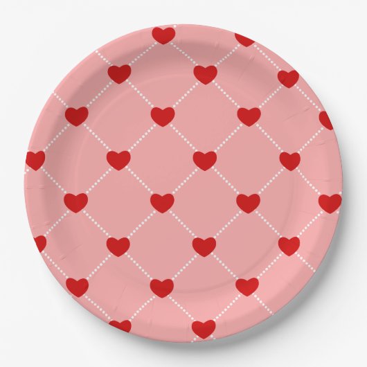 retro valentines dots hearts pink red papieren bordje (Voorkant)