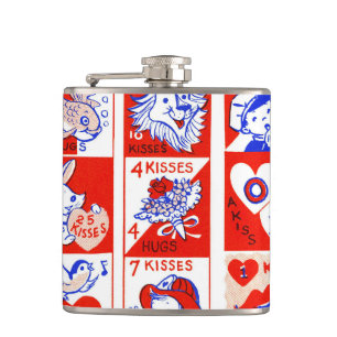 Retro valentinezegelpatroon uit de jaren 50 Kitsch Heupfles