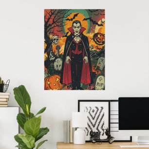 Retro Vampier in Pompoenbegraafplaats Scene Poster