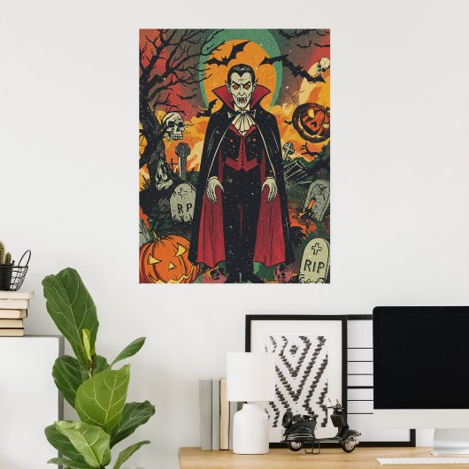 Retro Vampier in Pompoenbegraafplaats Scene Poster (Thuiskantoor)