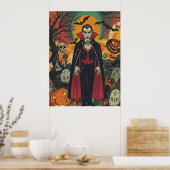 Retro Vampier in Pompoenbegraafplaats Scene Poster (Keuken)
